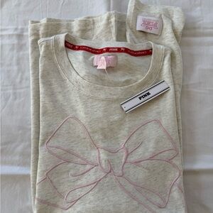 LoveShackFancy Cream Tee with Pink Bow